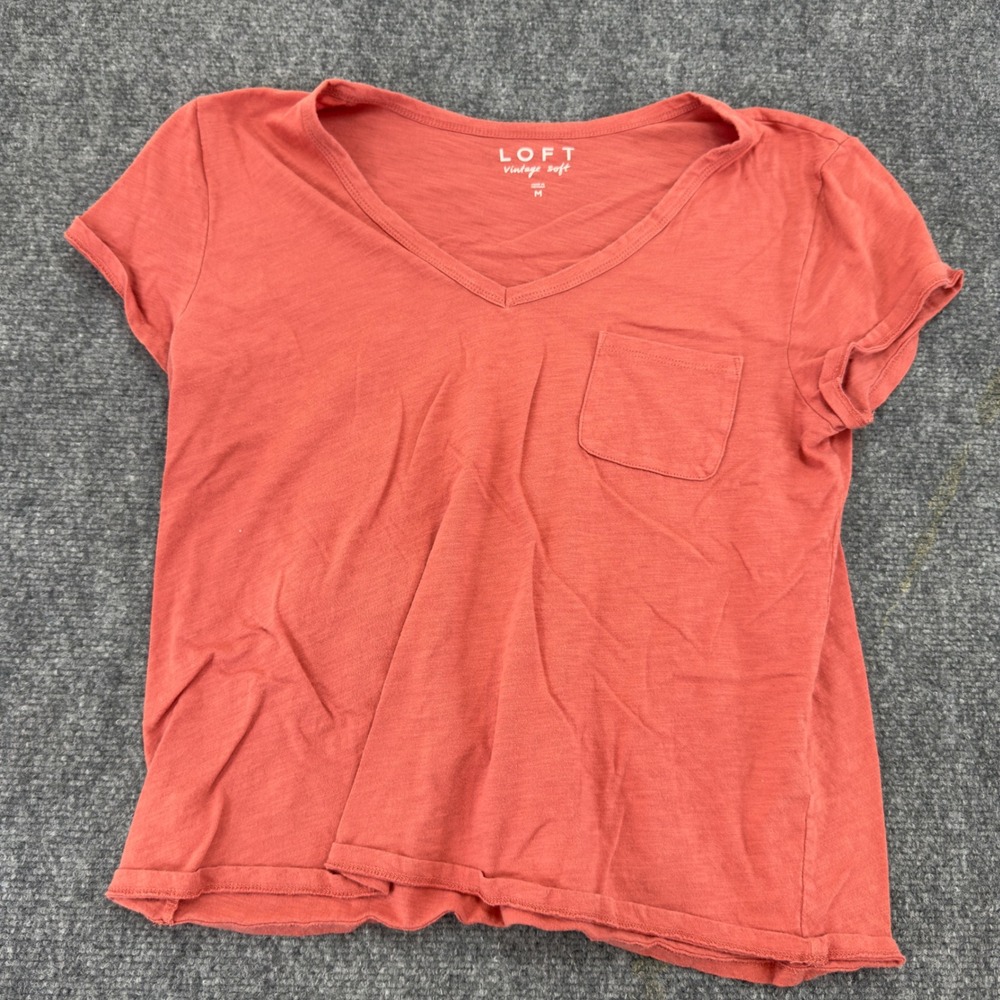 LOFT Vintage Soft V-Neck Pocket Tee Shirt Coral Orange Size M